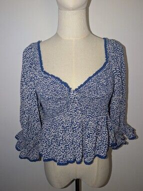 Free People Blue Floral Britnee Smocked Peplum Blouse